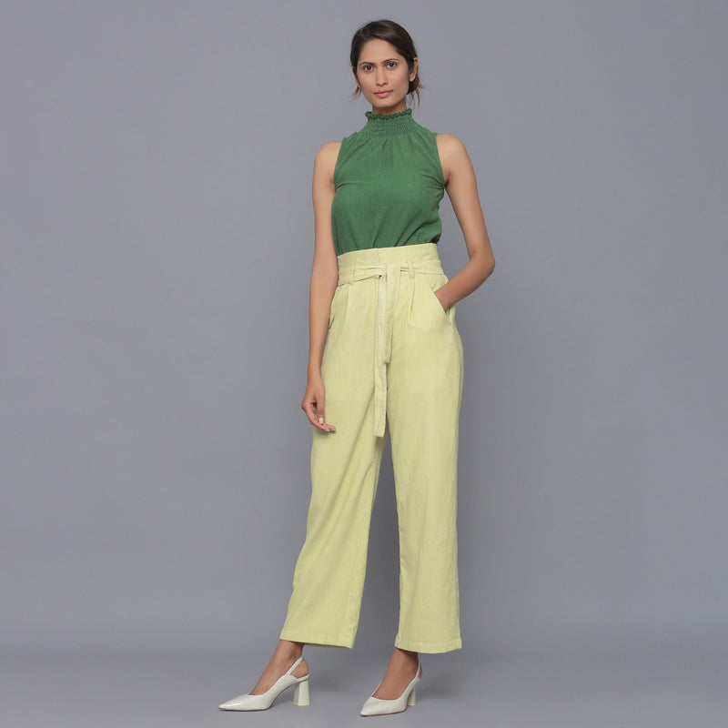 Front View of a Model wearing Yellow Pistachio Cotton Corduroy Pant