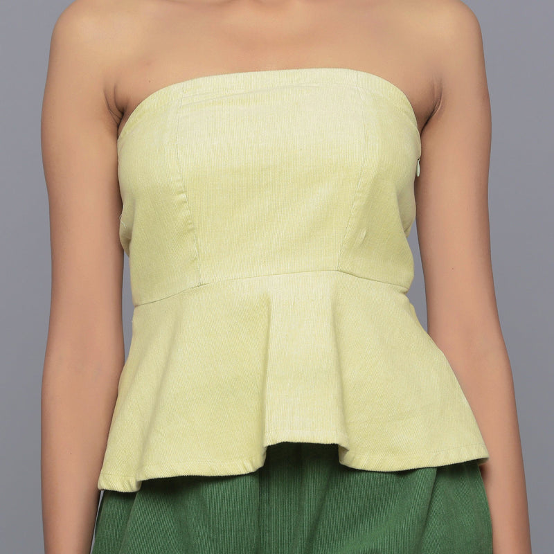 Front Detail of a Model wearing Yellow Pistachio Cotton Corduroy Tube Top