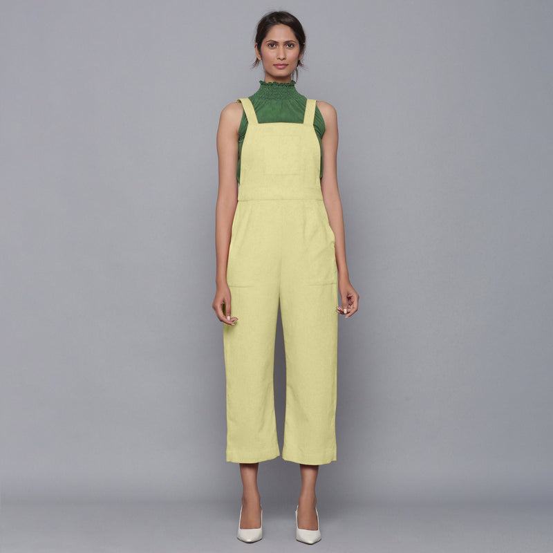 Front View of a Model wearing Yellow Pistachio Cotton Corduroy Dungaree