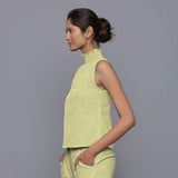 Left View of a Model wearing Yellow Pistachio Cotton Corduroy High Neck Top
