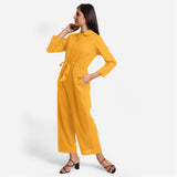 Left View of a Model wearing Yellow Wide Legged Cotton Overall