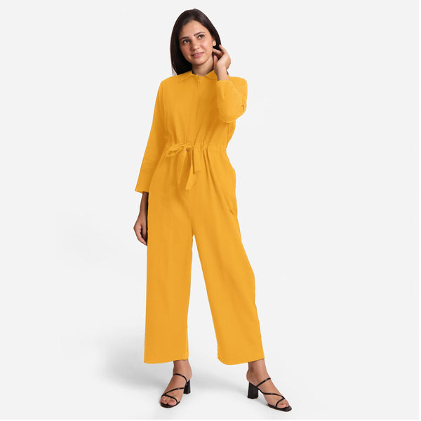Front View of a Model wearing Yellow Wide Legged Cotton Overall