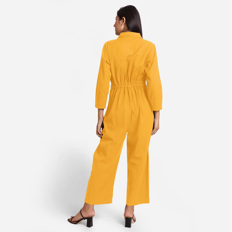 Back View of a Model wearing Yellow Wide Legged Cotton Overall