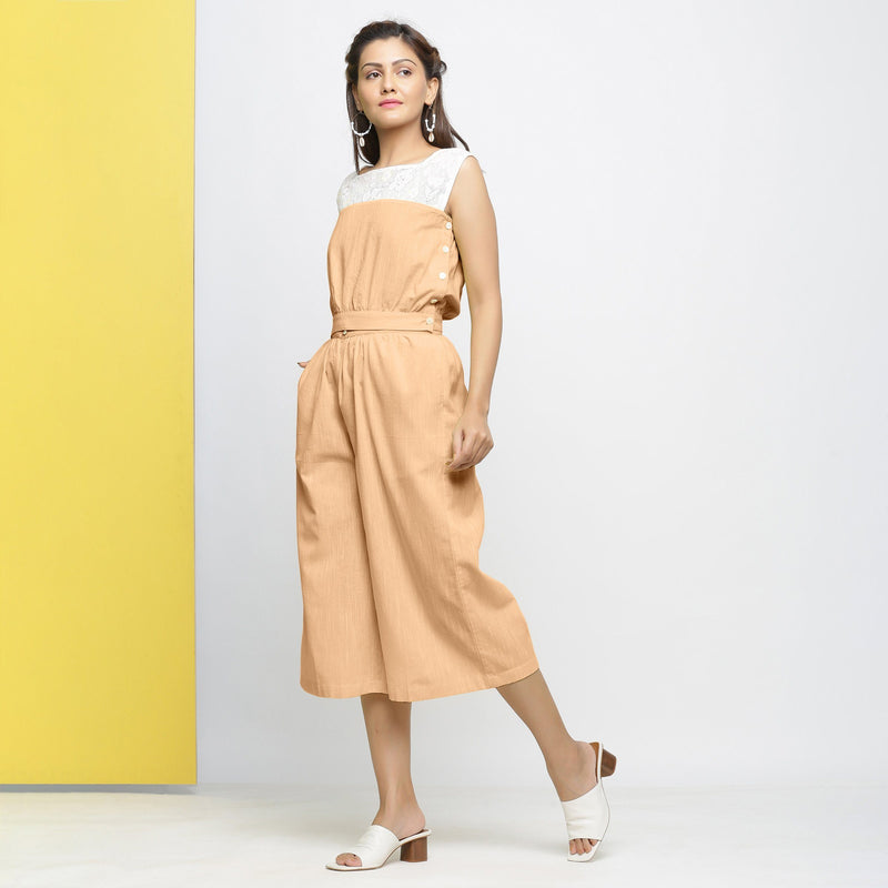 Left View of a Model wearing Yellow Yarn-Dyed 100% Cotton Flared Culottes
