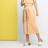 Left View of a Model wearing Yellow Yarn-Dyed 100% Cotton Flared Culottes