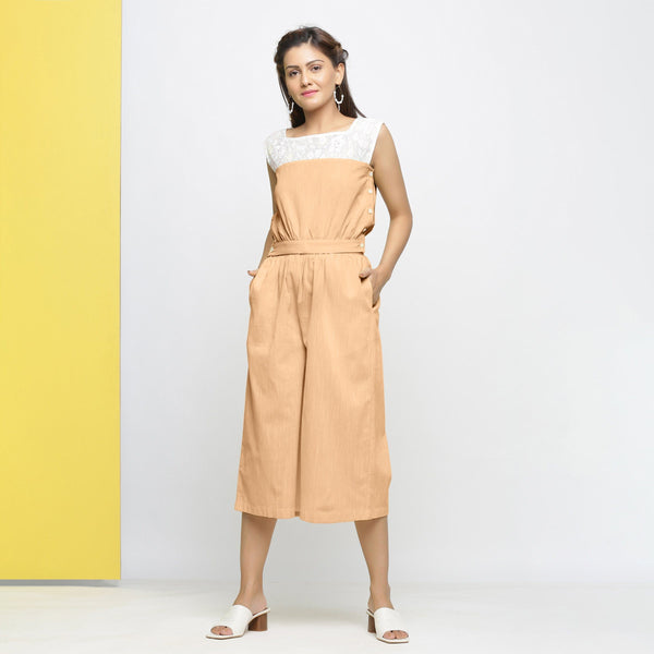 Front View of a Model wearing Yellow Yarn-Dyed 100% Cotton Flared Culottes