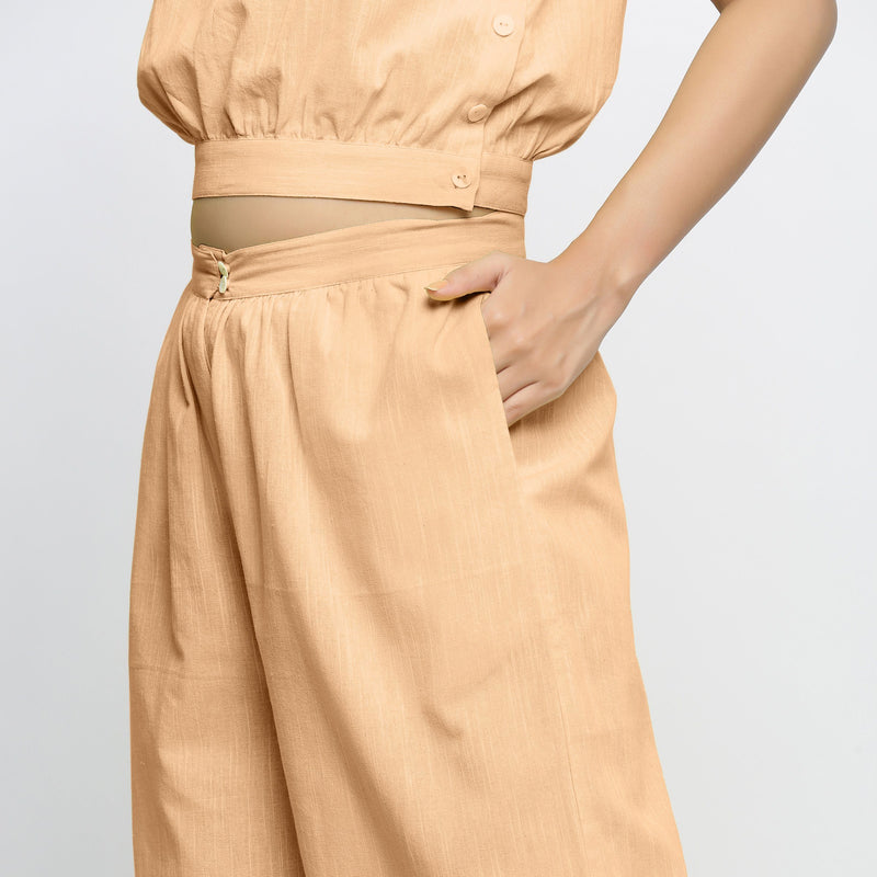 Left Detail of a Model wearing Yellow Yarn-Dyed 100% Cotton Flared Culottes