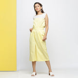 Front View of a Model wearing Light Yellow Yarn Dyed 100% Cotton Flared Culottes