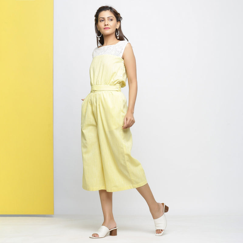 Left View of a Model wearing Light Yellow Yarn Dyed 100% Cotton Flared Culottes