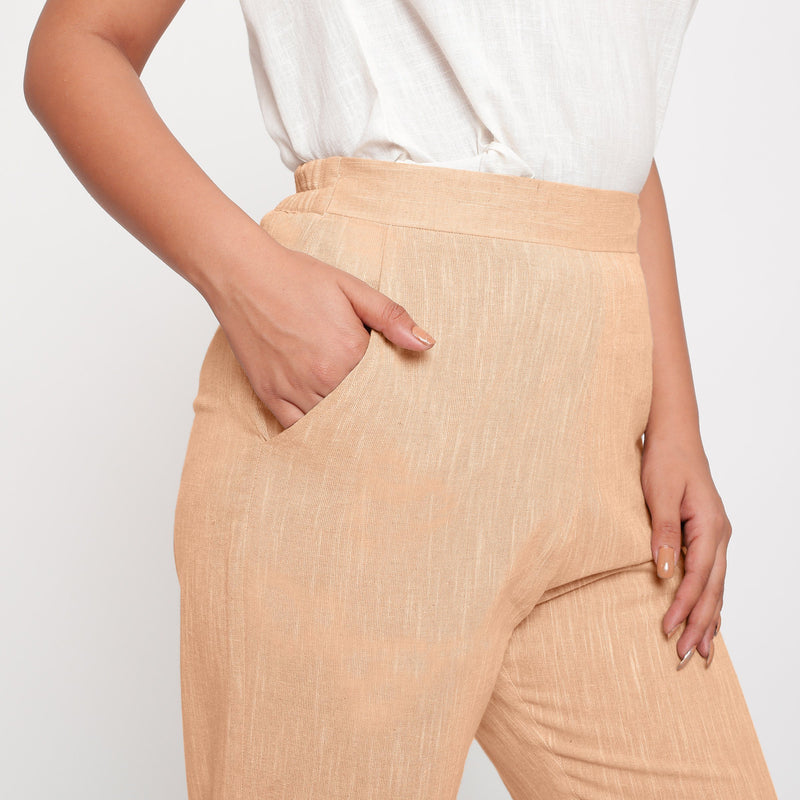 Front Detail of a Model wearing Yellow Yarn Dyed Mid Rise Tapered Pant